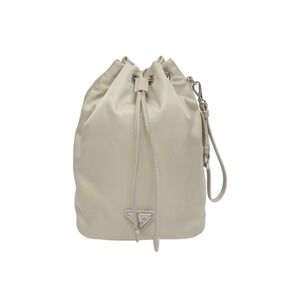 Prada handbag drawstring logo plate Re pouch Beige Tan